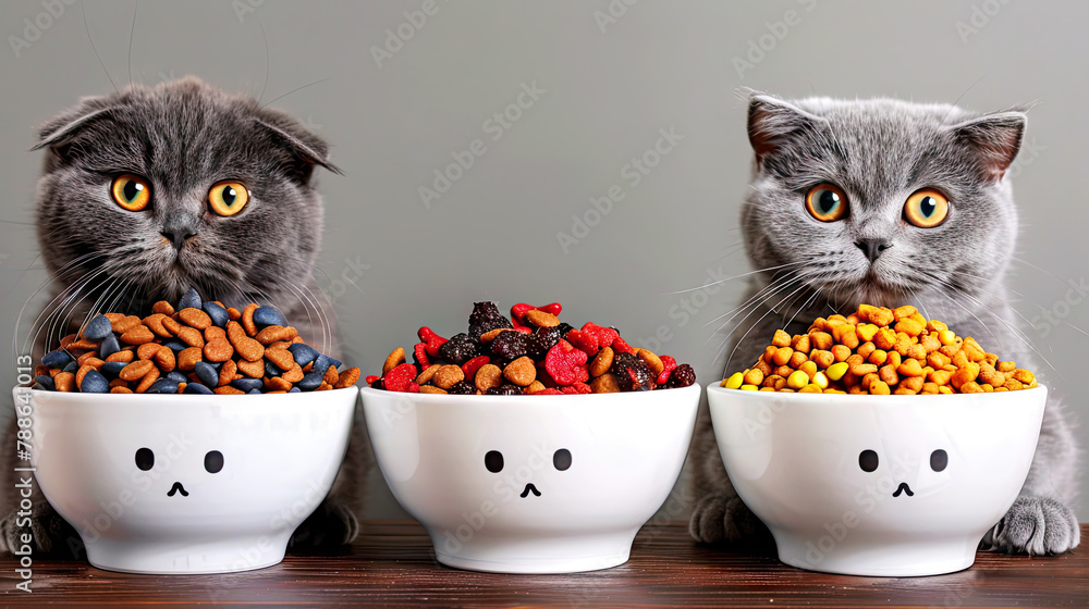 Delicious treats for pets. Two serious cute cats next to bowls of dry cat food - obrazy, fototapety, plakaty 