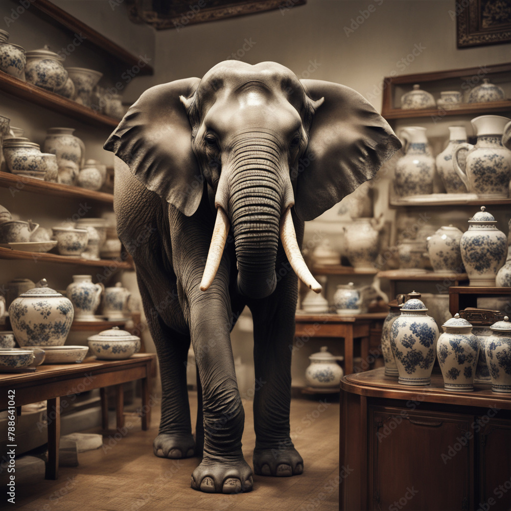Słoń  w sklepie z porcelaną - obrazy, fototapety, plakaty 