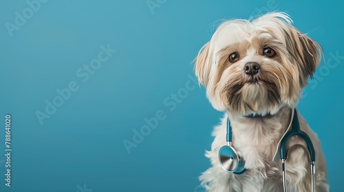 maltese dog wearing a stethoscope and looking at camera isolated on blue background