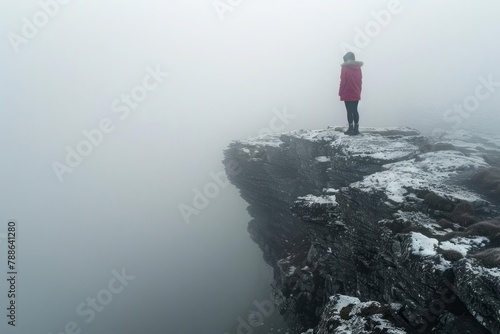 Person gazing into foggy abyss  metaphor for fear of unknown future  ominous mood
