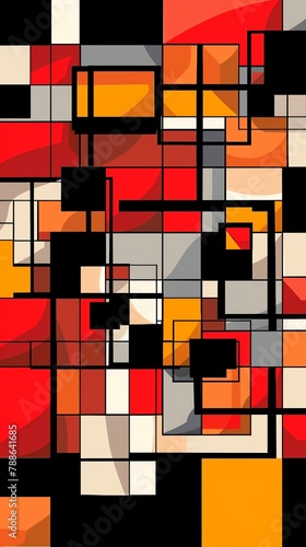 an abstract vector pattern of squares and shapes in red, orange, yellow, black, grey
