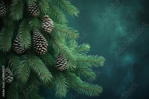 Branches of fluffy blue spruce with pine cones on a green background