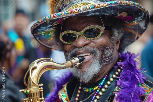 Mardi Gras in New Orleans, masks, beads, jazz bands, lively processions photo