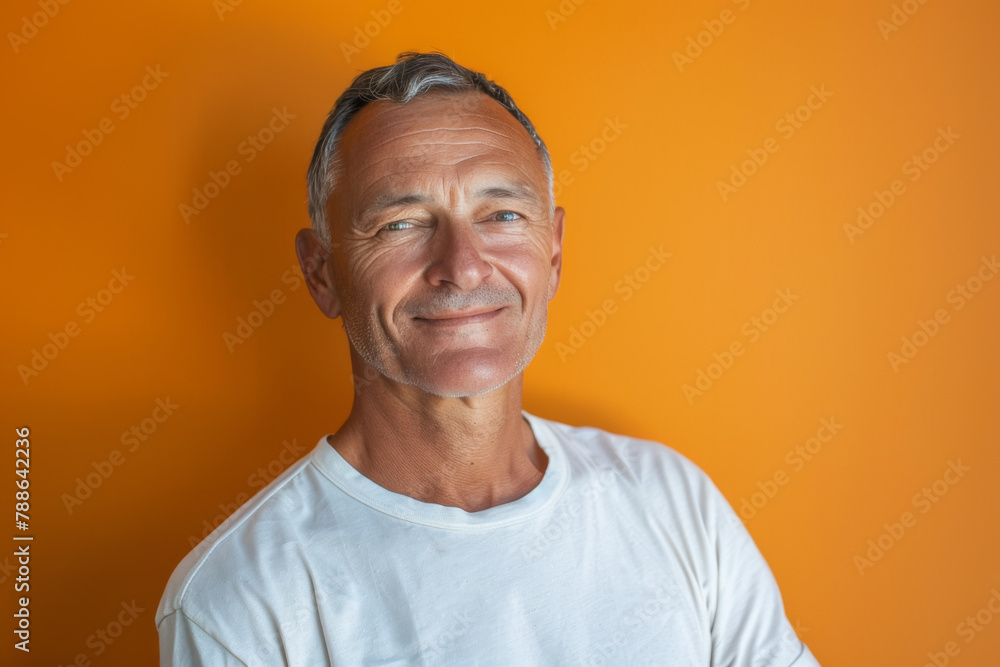 A man in a white shirt is smiling in front of an orange wall A man in a white shirt is smiling in front of an orange wall