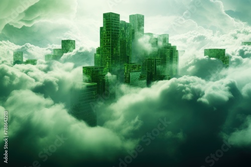 Contemporary Skyscraper green balcony sky clouds. Complex design. Generate Ai