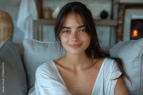 In a comfortable morning at home, a charming young woman exudes glamour and relaxation. Free Download In a comfortable morning at home, a charming young woman exudes glamour and relaxation. - GFXLoad