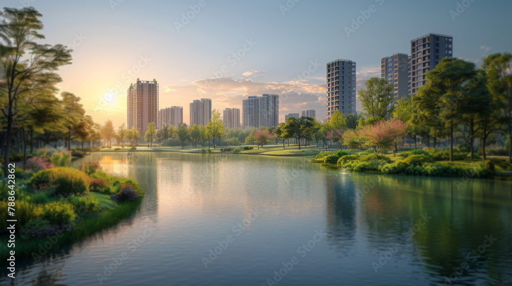 River Flowing Through Green Park Beside Tall Buildings