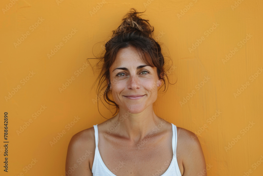 A woman in a white tank top smiles in front of an orange wall A woman in a white tank top smiles in front of an orange wall
