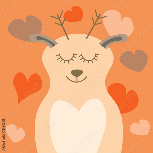 Vector illustration of a cute deer with closed eyes and expressive eyelashes. Smiling cute deer. Childish, cute, animal, antlers. Monochrome background with hearts