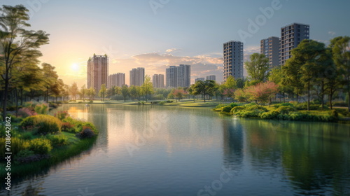 River Flowing Through Green Park Beside Tall Buildings © Prostock-studio