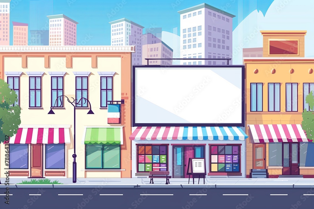 Illustration of a blank sign layout for logo or text on a city store's outdoor advertising background