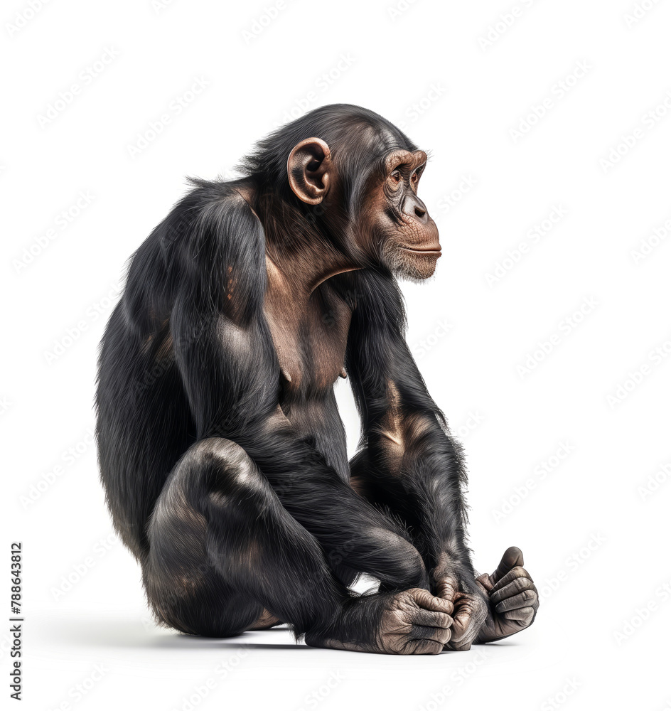 Pensive chimpanzee sitting against white background Pensive chimpanzee sitting against white background