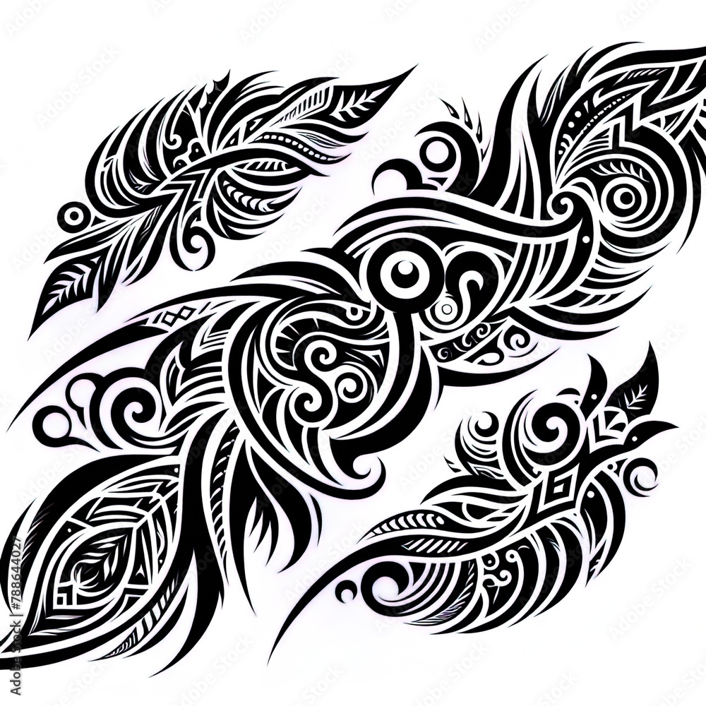 Komplexes schwarzes Tattoo-Design mit Maori-Elementen Komplexes schwarzes Tattoo-Design mit Maori-Elementen