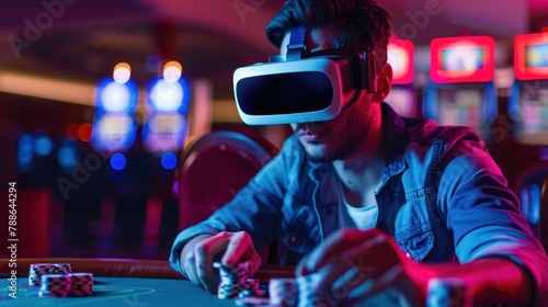 A gamer in a virtual reality environment playing baccarat, the headset displaying a realistic casino setting with multiplayer options