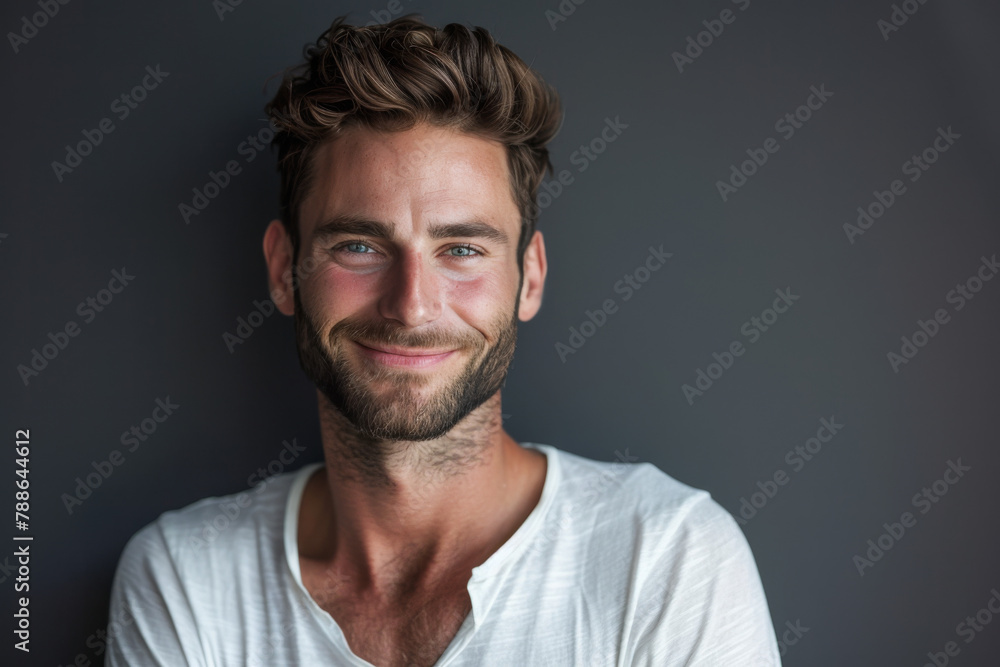 A man with a beard is smiling and wearing a white shirt