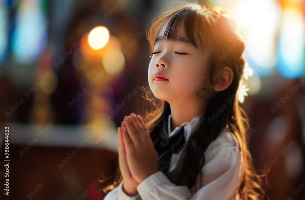 Temple, girl and praying with faith, religion and peaceful with sunshine and Buddhism with gratitude. Kid, hope and child with trust, help or spiritual with sunlight, China or compassion with support Temple, girl and praying with faith, religion and peaceful with sunshine and Buddhism with gratitude. Kid, hope and child with trust, help or spiritual with sunlight, China or compassion with support