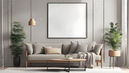 Fototapeta Naklejka Na Ścianę i Meble -  Frame mockup, ISO wide frame. luxury Living room wall poster mockup. Interior mockup with house background. Modern interior design. 3D render	
