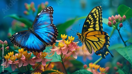 blue morpho butterfly and yellow tiger butterfly opening wings on flowers over blue background