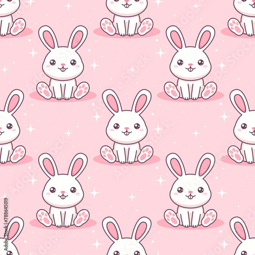 White kawaii rabbits on pink background. Vector seamless pattern. 