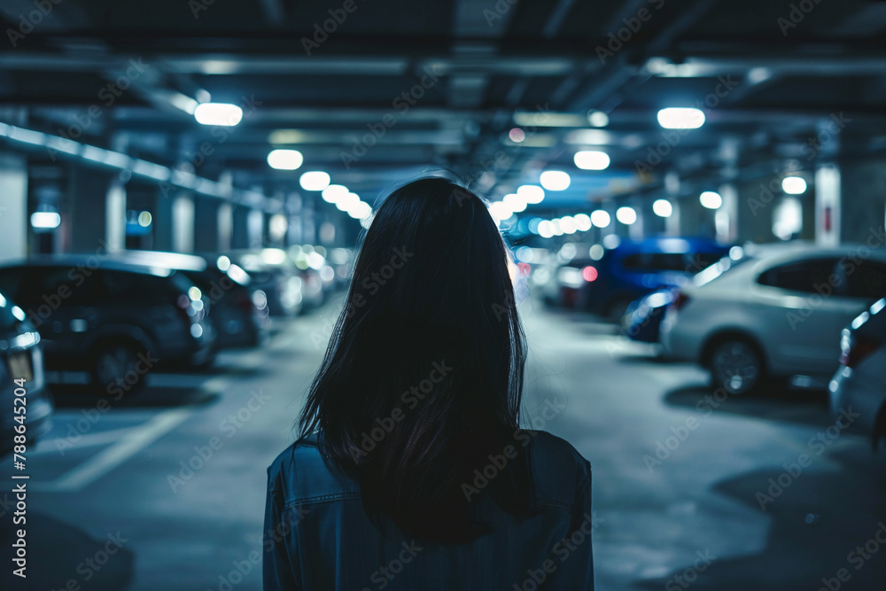 Back view of young woman alone in dark parking garage Back view of young woman alone in dark parking garage