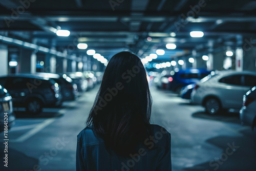 Back view of young woman alone in dark parking garage