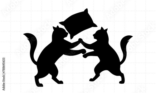 Cute cat fighting with pillow silhouette