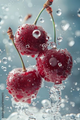 A cluster of ripe red cherries is being washed, with water cascading over their glossy surfaces, causing bubbles to cling to the fruit and creating a refreshing and clean appearance