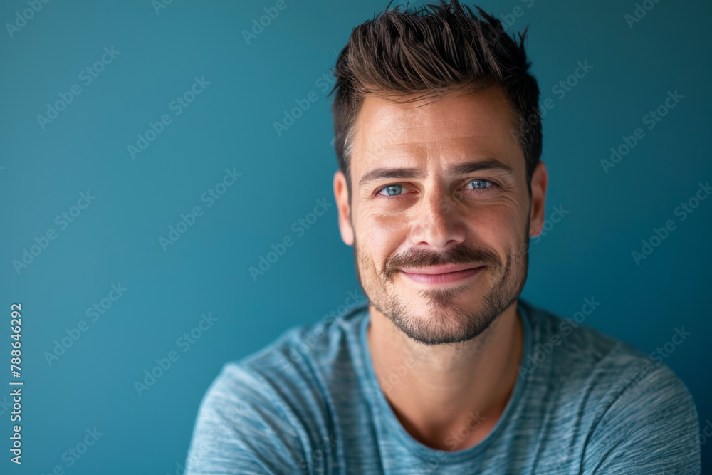 Fototapeta premium A man with a beard is smiling and wearing a blue shirt