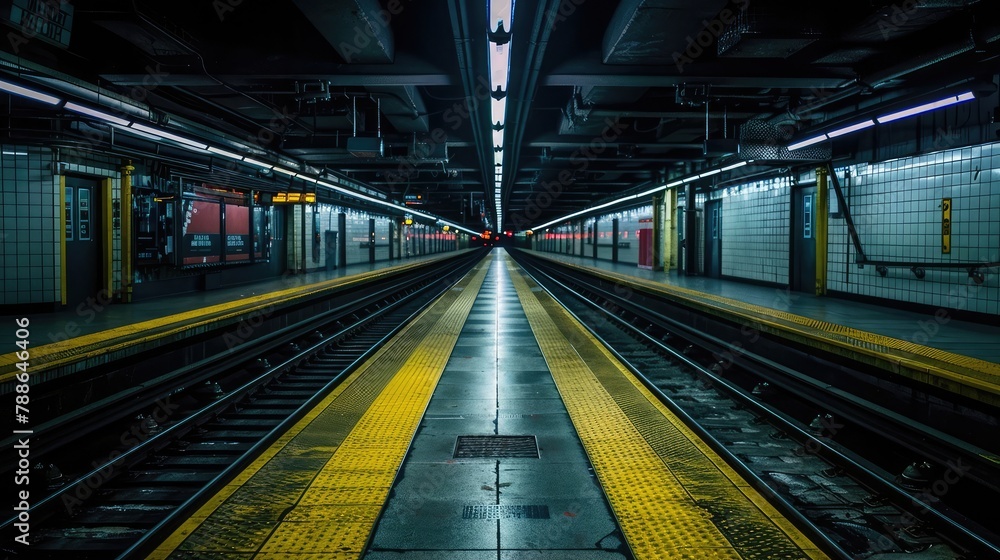 Empty subway platform with tracks extending into the darkness, signifying urban decay and neglect.