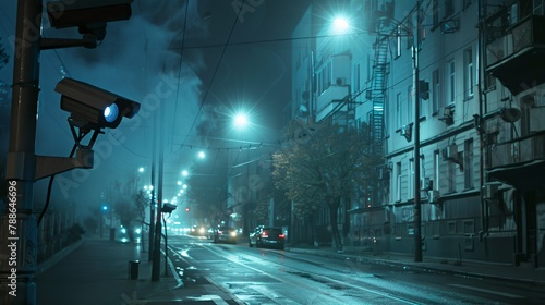 An average street scene at night. What is visible in the picture are the many surveillance cameras photo