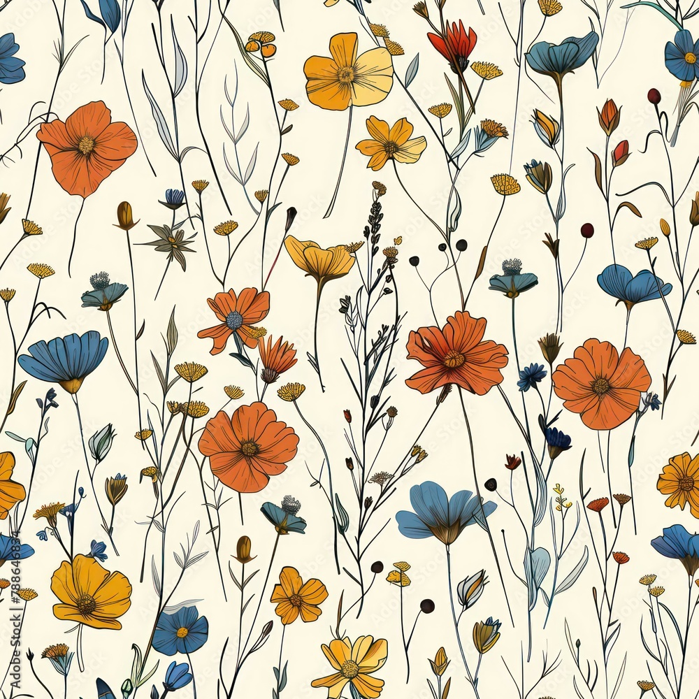Seamless wild poppy flowers pattern, meadow summer background