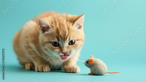 Cat breed British Shorthair peach color sticking out his tongue playing with a small toy mouse made of fabric on a blue background © Emma