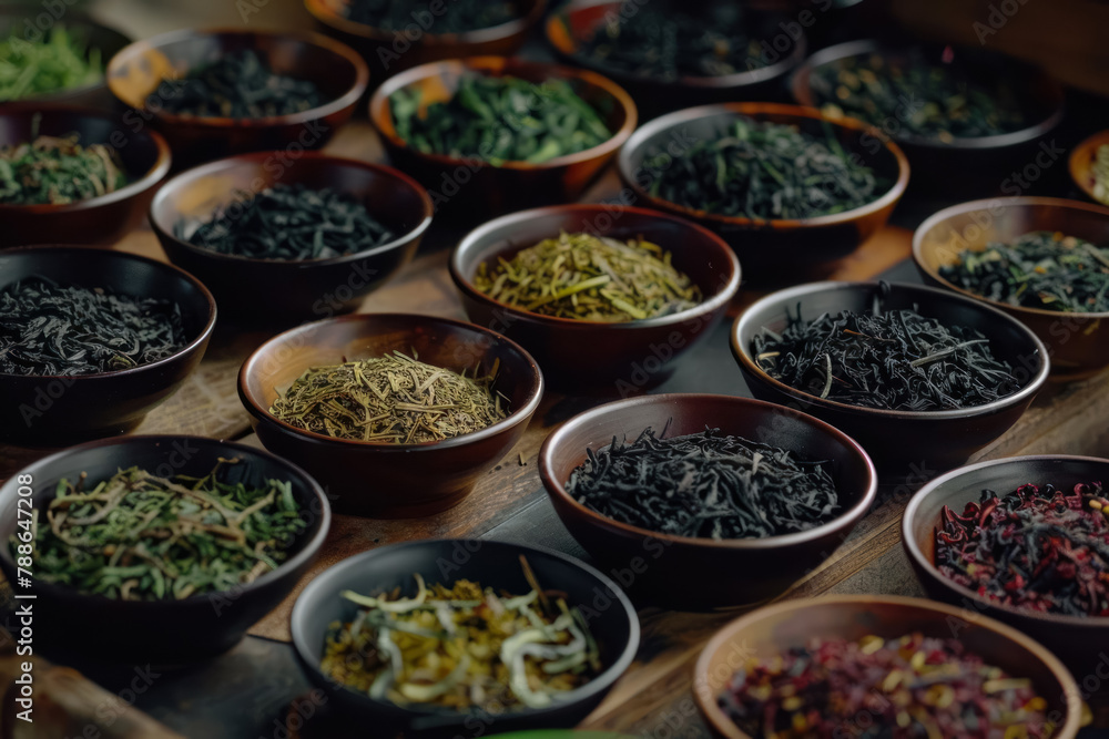 artisanal tea leaves and blends in rustic bowls on wooden tray artisanal tea leaves and blends in rustic bowls on wooden tray