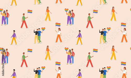 Seamless pattern with different people LGBT community. Gays, lesbians, transsexuals and bisexual celebrating LGBT pride month. LGBTQ pride. Vector illustration in flat style