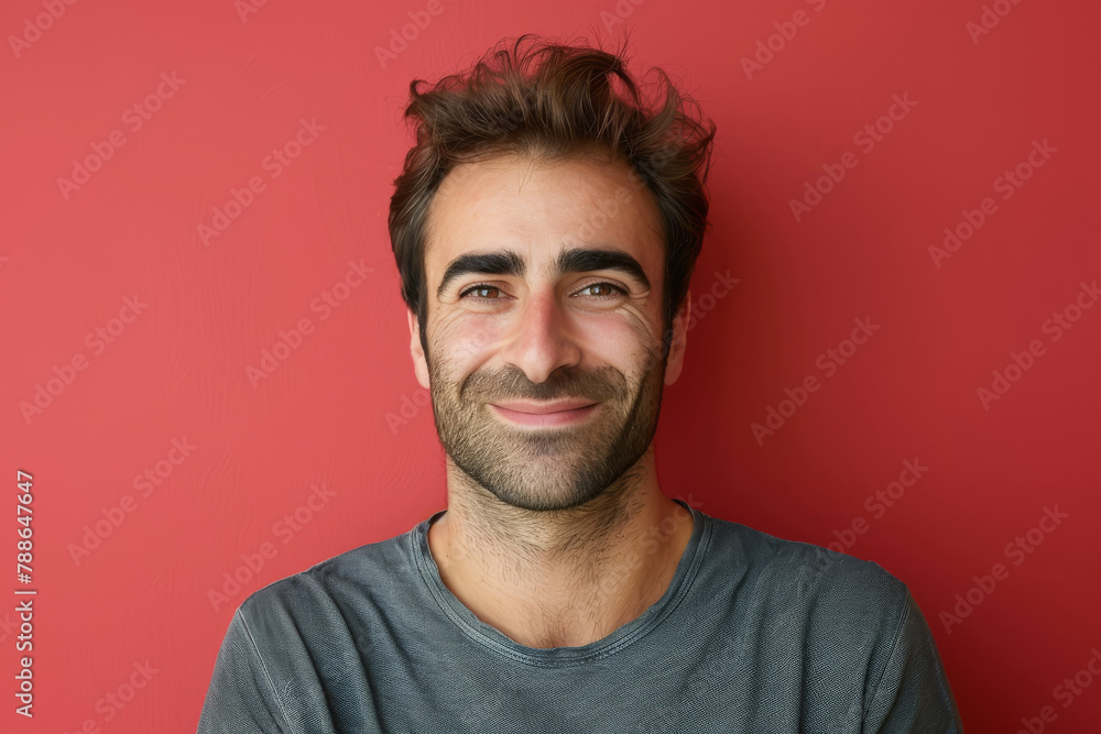 A man with a beard is smiling in front of a red wall A man with a beard is smiling in front of a red wall