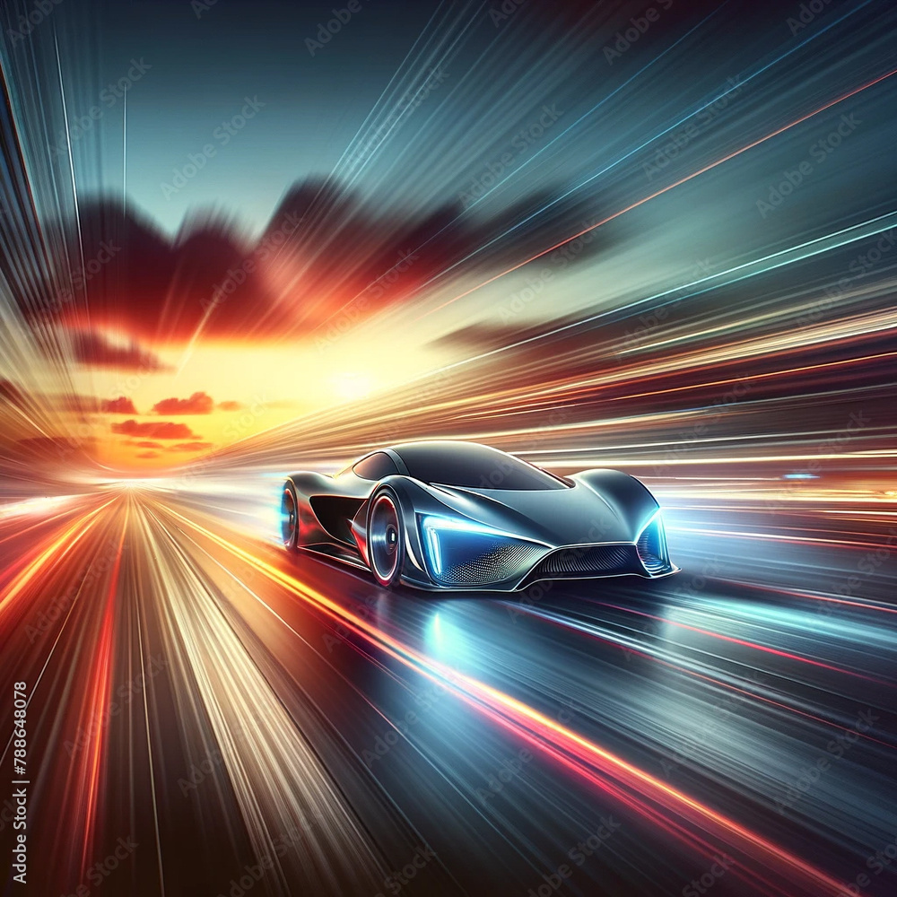 Futuristic car speeding on a dynamic, colorful backdrop
