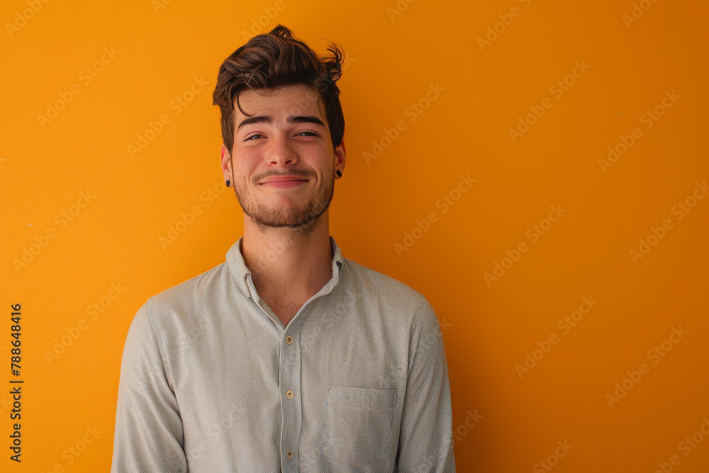 A young man with a beard is smiling in front of an orange wall A young man with a beard is smiling in front of an orange wall