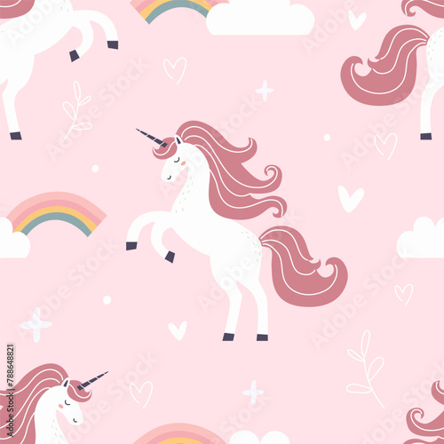 Seamless pattern with a cute unicorn on a pink background. Vector illustration for printing. Cute children's background. Birthday.