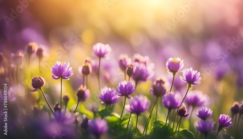 Wild flowers in a meadow at sunset. Macro image, shallow depth of field. Abstract summer nature background, stock photo, abstract wallpapers