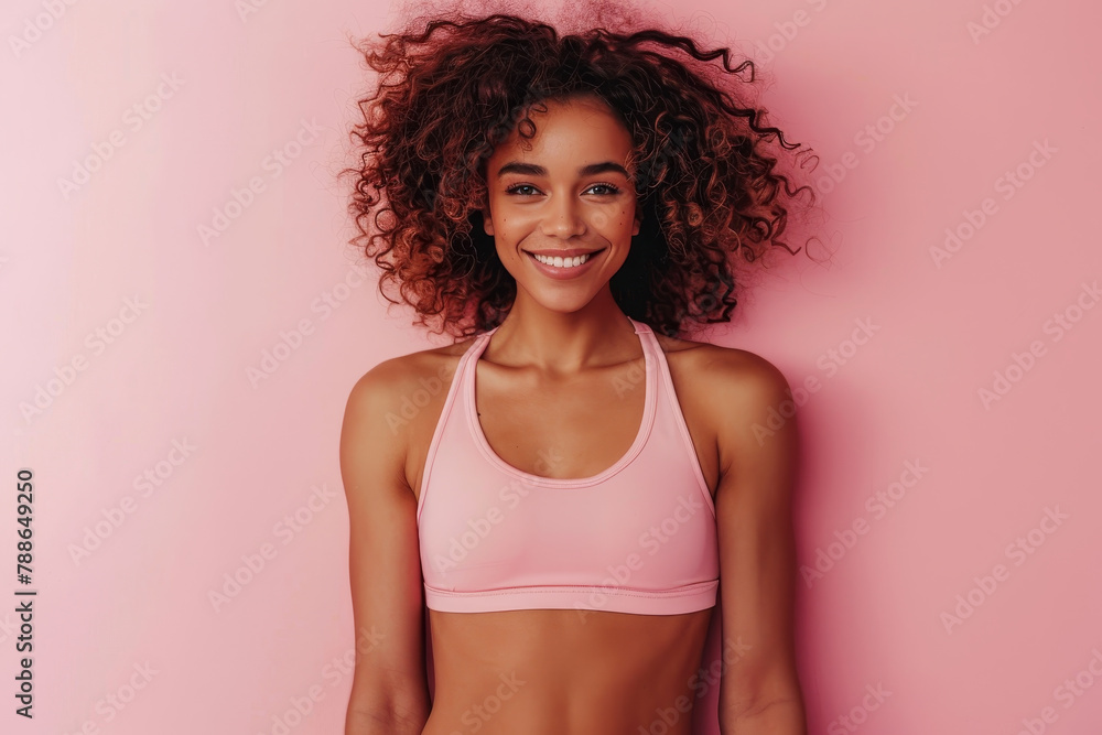 A woman with curly hair is smiling and wearing a pink tank top A woman with curly hair is smiling and wearing a pink tank top