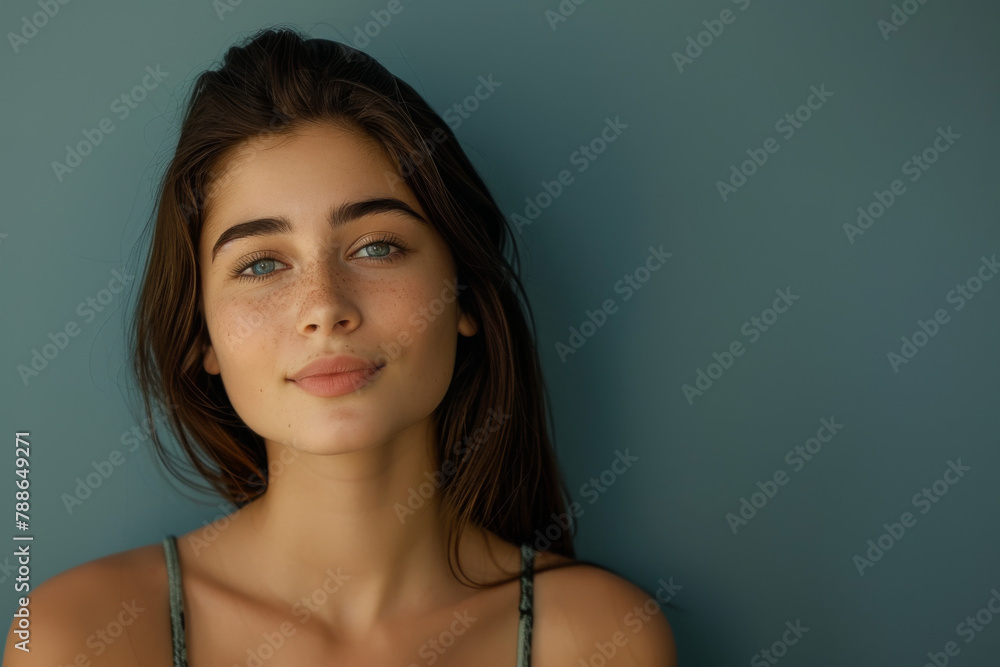 A close up of a woman 's face with a blue background A close up of a woman 's face with a blue background