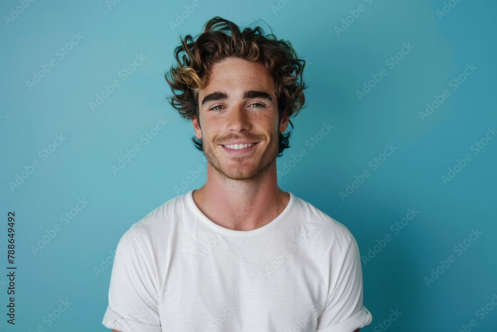 A man with curly hair wearing a white shirt smiles for the camera A man with curly hair wearing a white shirt smiles for the camera