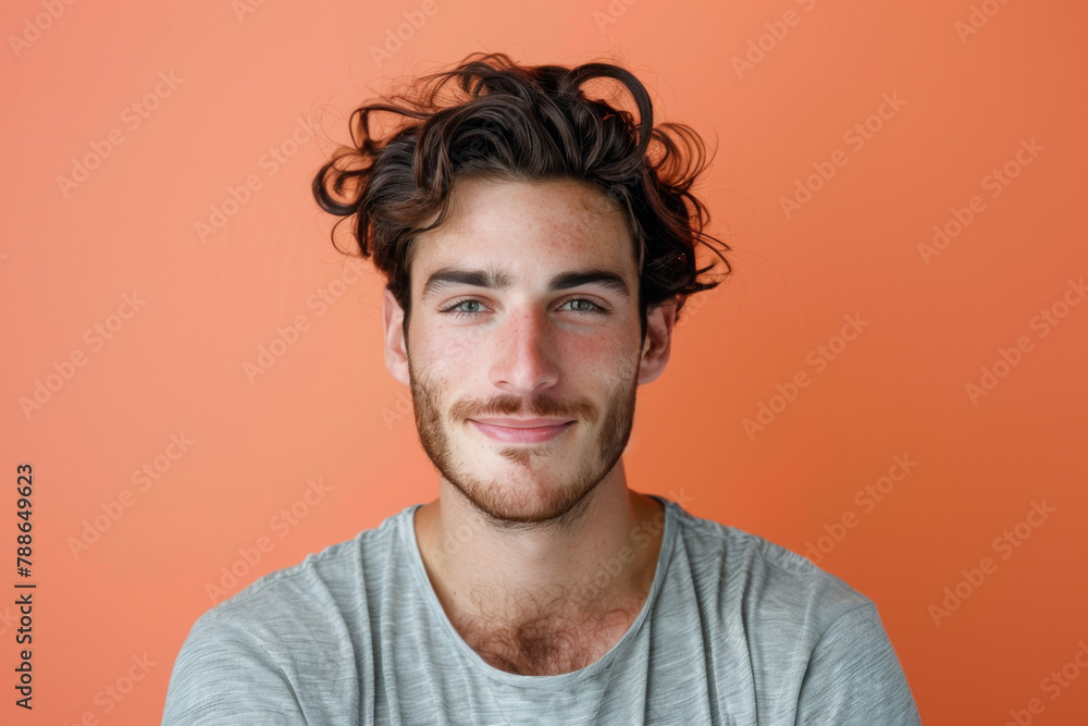 A man with a beard is smiling in front of an orange wall A man with a beard is smiling in front of an orange wall