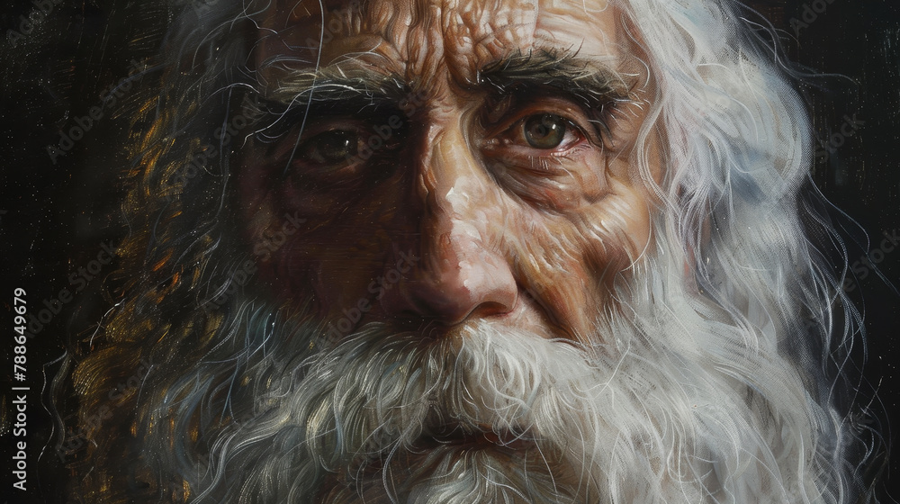 A painting of an old man with a beard and white hair
