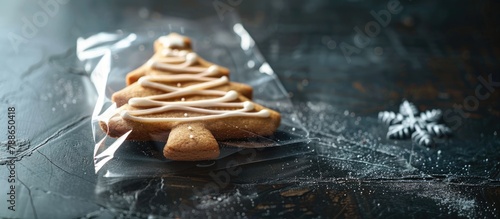 A Christmas tree-shaped gingerbread cookie in a clear wrapping on a dark tabletop, symbolizing a festive holiday present. photo