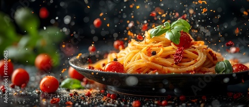 Suspended Elegance: Spaghetti & Spices Mid-Air. Concept Floating Ingredients, Dynamic Food Photography, Culinary Creativity