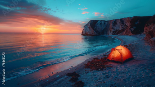 Tent on Beach at Sunset