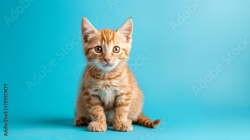 Creamy tabby scottish straight shorthair two monthes cat isolated on blue background photo