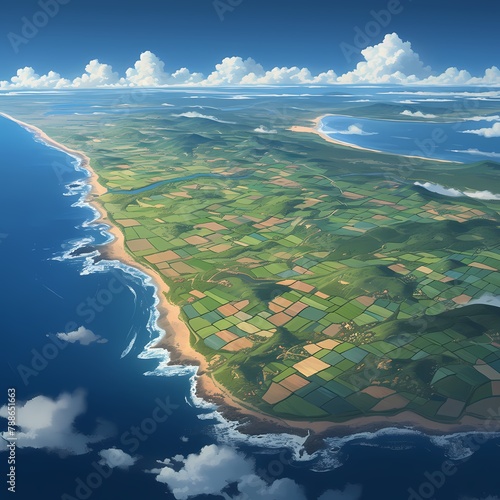 Spectacular aerial view of a coastline with vast plantations and intersecting waterways.