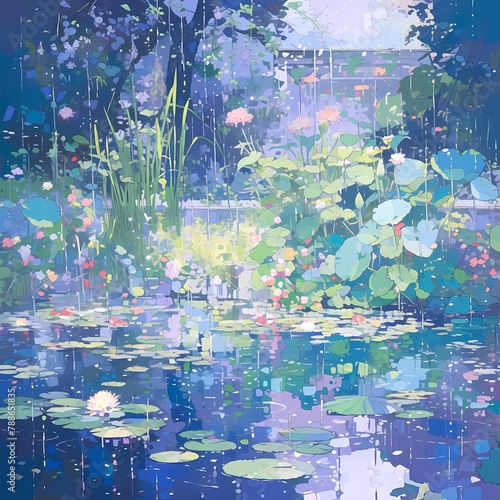 A captivating impressionistic scene of a garden bathed in the soothing sounds of rainfall.